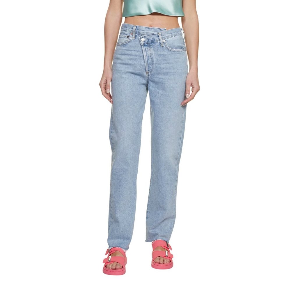 AGOLDE Criss Cross Waist Jeans Womens 27 Blue Straight Leg High Rise Raw Hem
